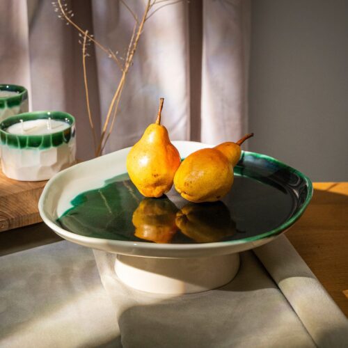 lifestyle picture of porcelain handmade cake stand
