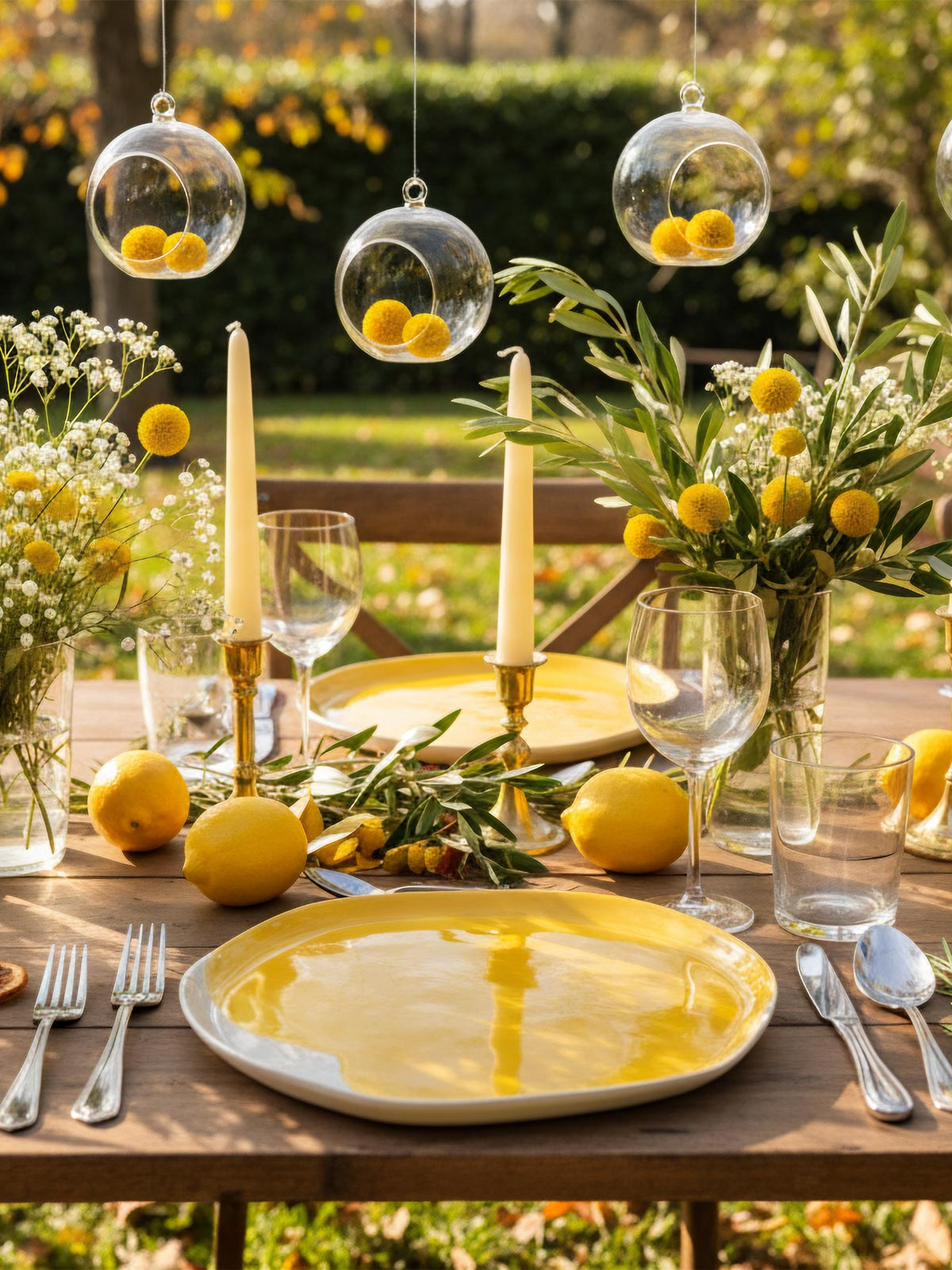 autumn-garden with yellow plates autumn table setting with yellow plates